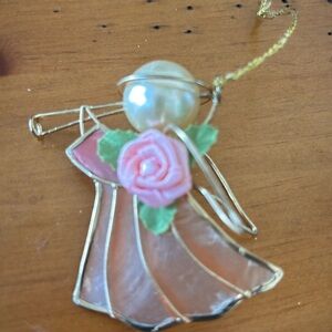 Metal and stained glass small ornament with pink rose.